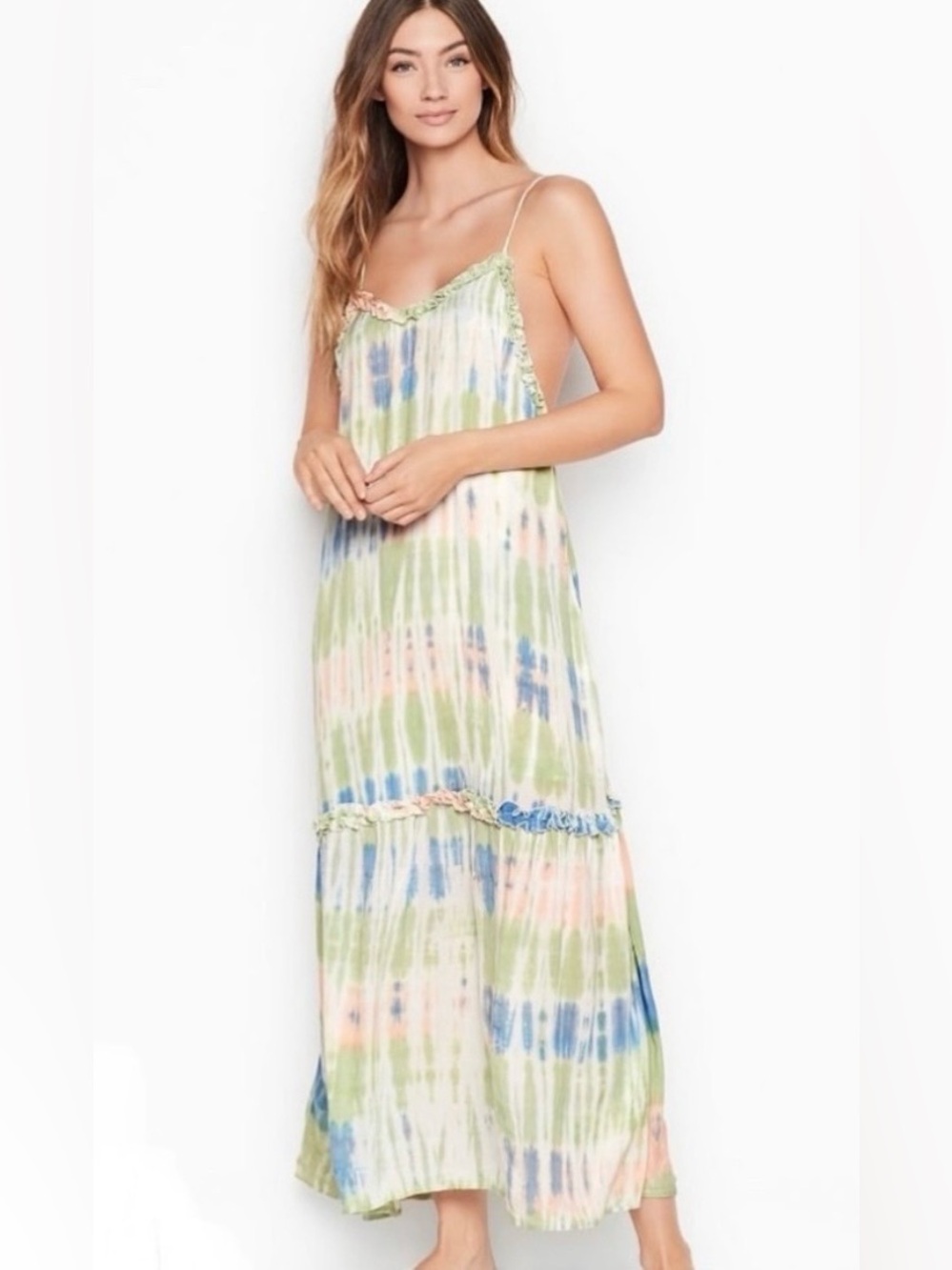 Anthropologie "Aila Blue" Pastel Tie-Dye 100% Silk Maxi Dress Size S